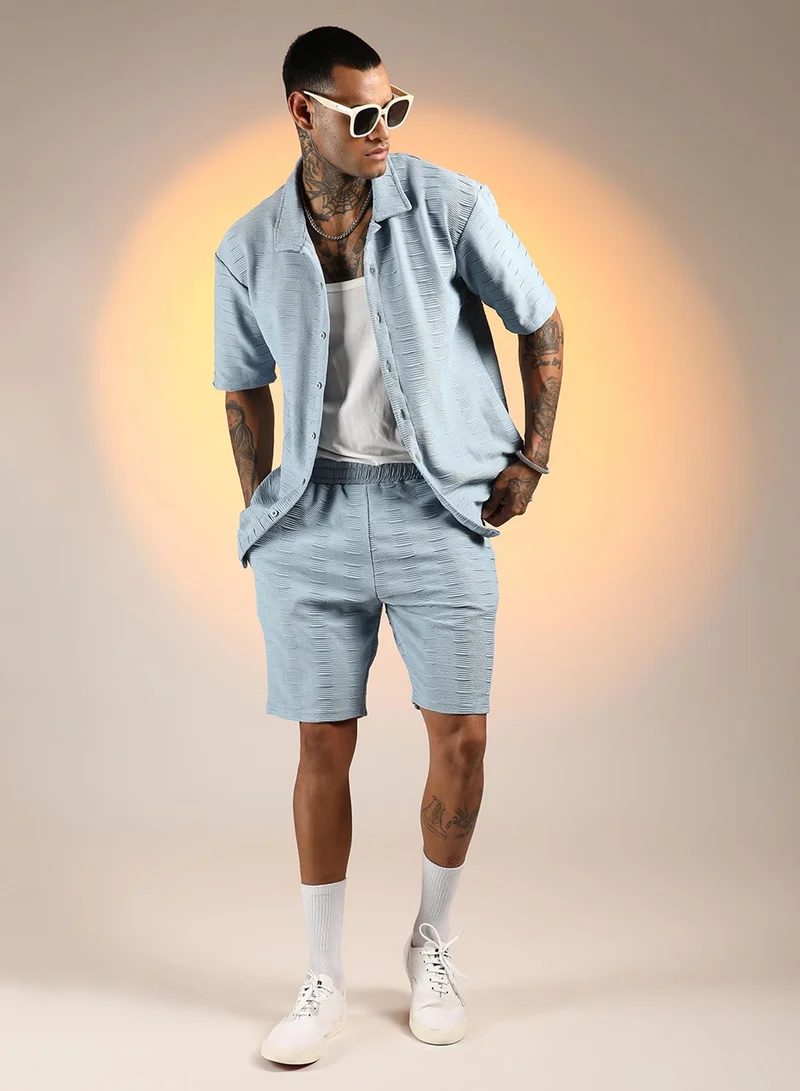 CAHOOT  Men's Powder Blue Ruche-Ribbed Co-Ord Set For Casual Wear | Spread Collar | Short Sleeve | Button Closure | Co-Ords Crafted With Comfort Fit For Everyday Wear for Men | Best Price UAE